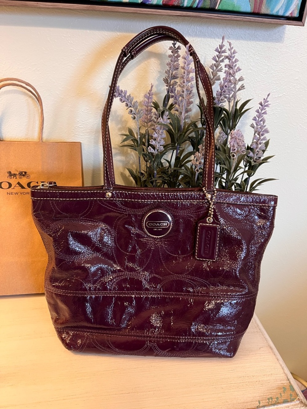 Coach Stitch Signature Tote Bag Eggplant Patent Leather F15142